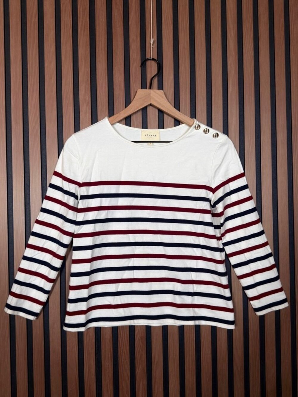 Sezane T Shirt Small White Long Sleeve Striped Red Blue Marinier Loic Tee